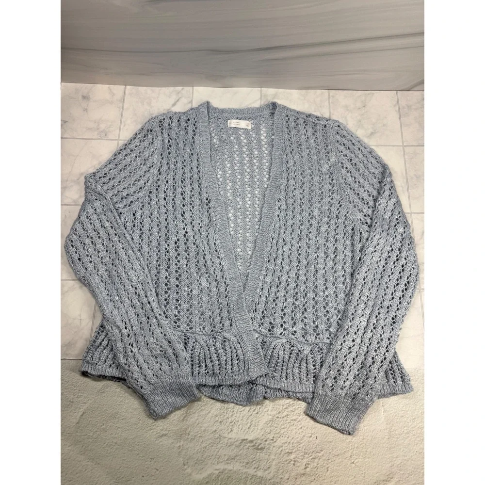 LC Lauren Conrad Women XL Light Blue Open Knit Crochet Ruffle Cardigan WL32S005R